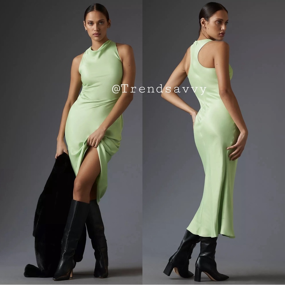 Anthropologie The Perla Chartreuse Metallic Midi Dress XS Cocktail Party Wedding
